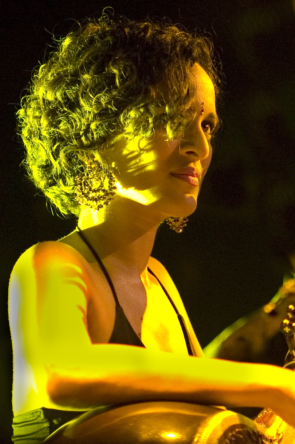 Anoushka Shankar in a gold-lit 2007 concert portrait