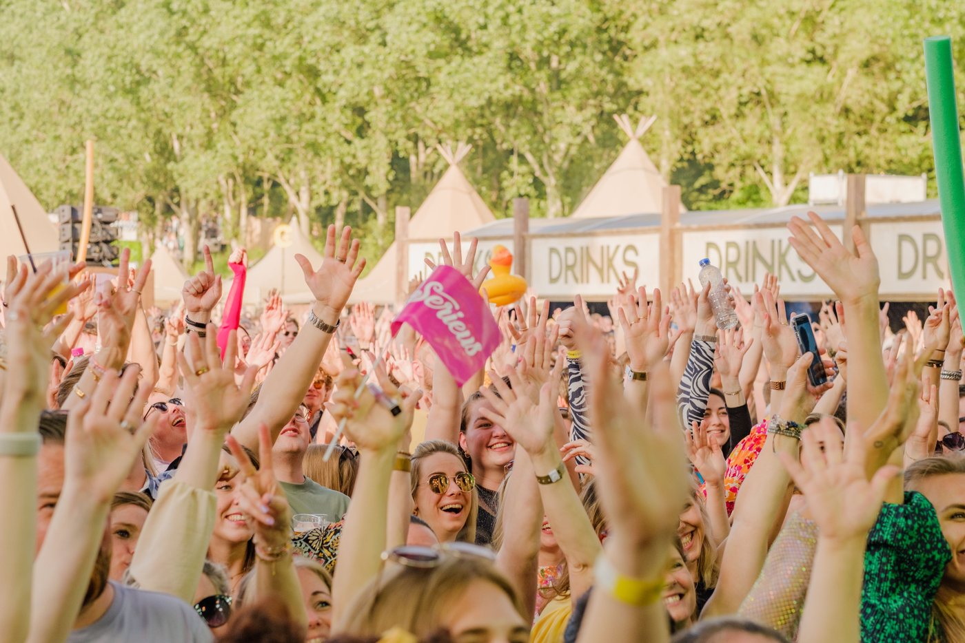Festival fans raising their hands together during a daytime event